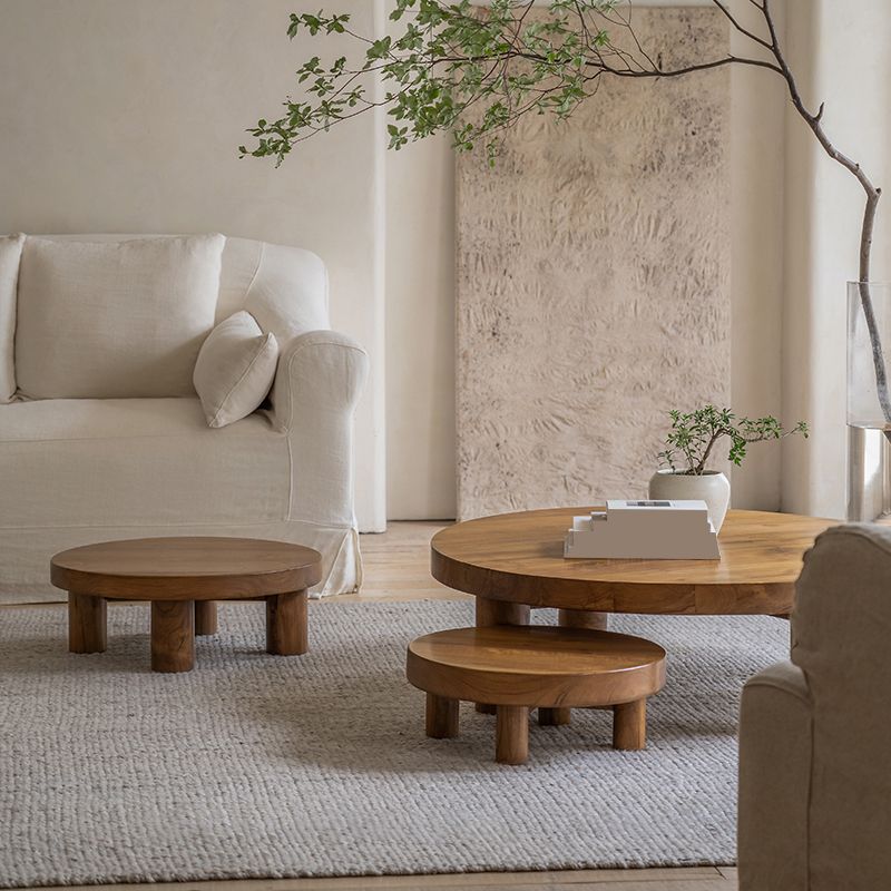 Contemporary 4 Legs Brown Solid Wood Round Coffee Cocktail Table