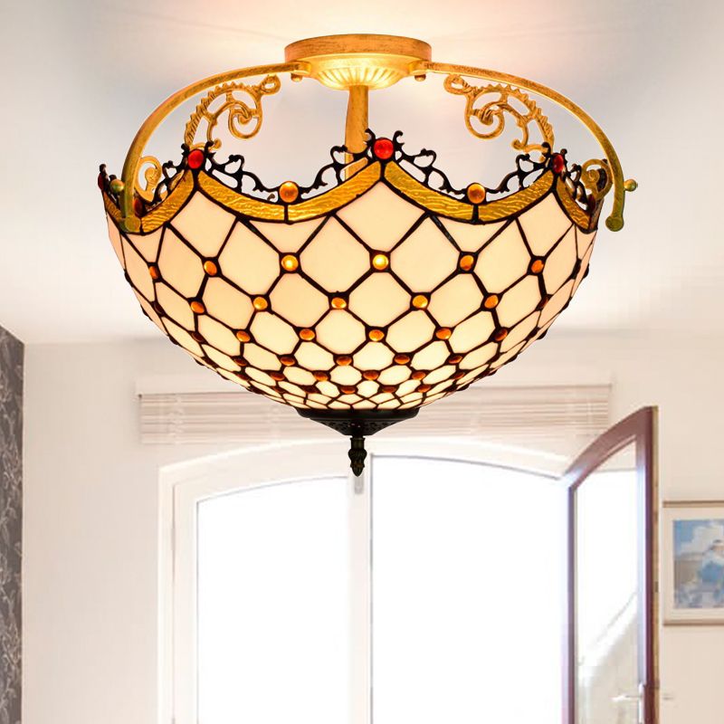 3 Lights Scalloped Semi Flush Light Baroque Beige Stained Glass Ceiling Mount for Corridor