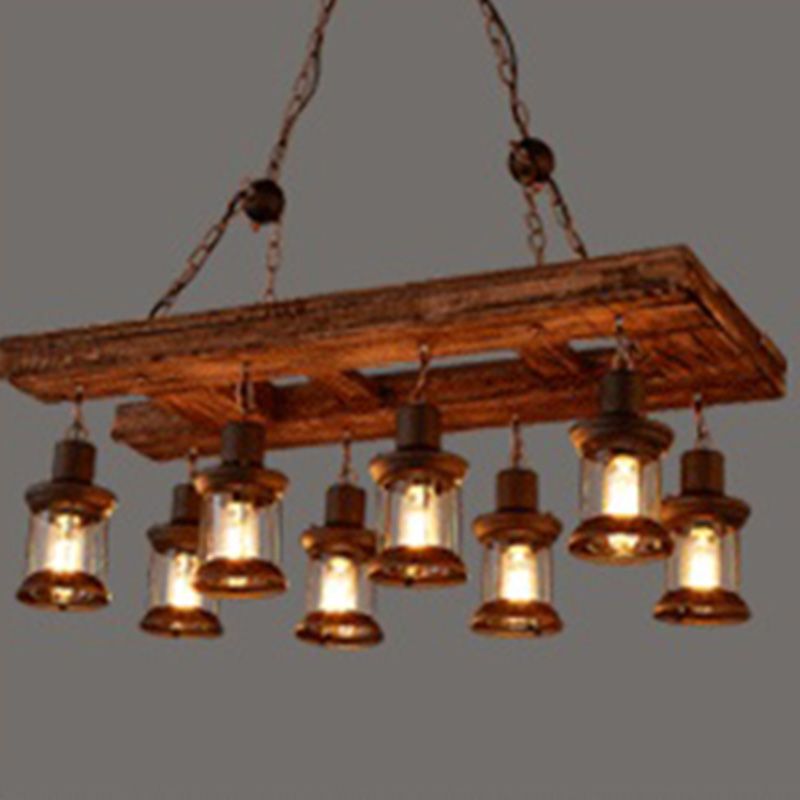 Wood Shaded Pendant Light Fixture Retro Restaurant Chandelier Light Fixture in Distressed Wood