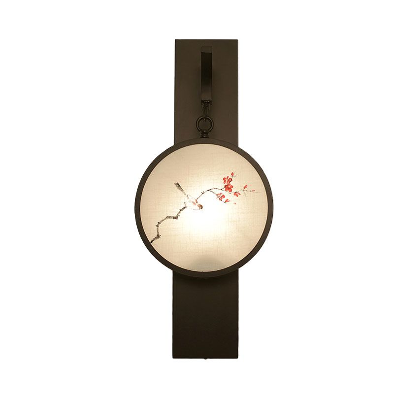Flower/Bird LED Mural Wall Hanging Light Chinese Fabric Tearoom Wall Mounted Lamp in Black
