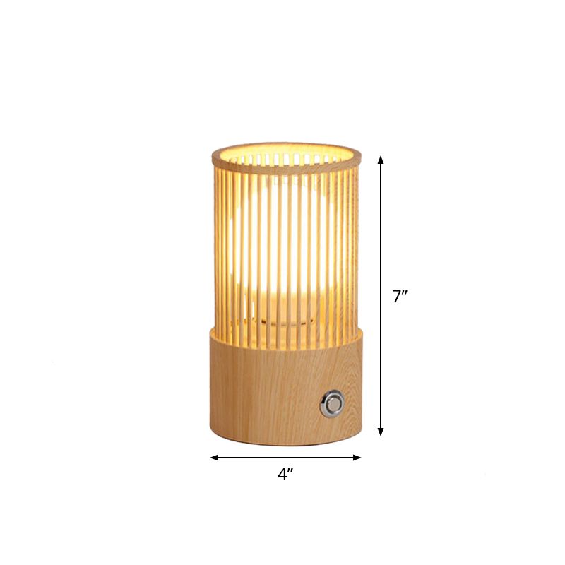 Beige Tubular Cage Desk Light Minimalist 1 Light Wood Table Lamp for Coffee Shop