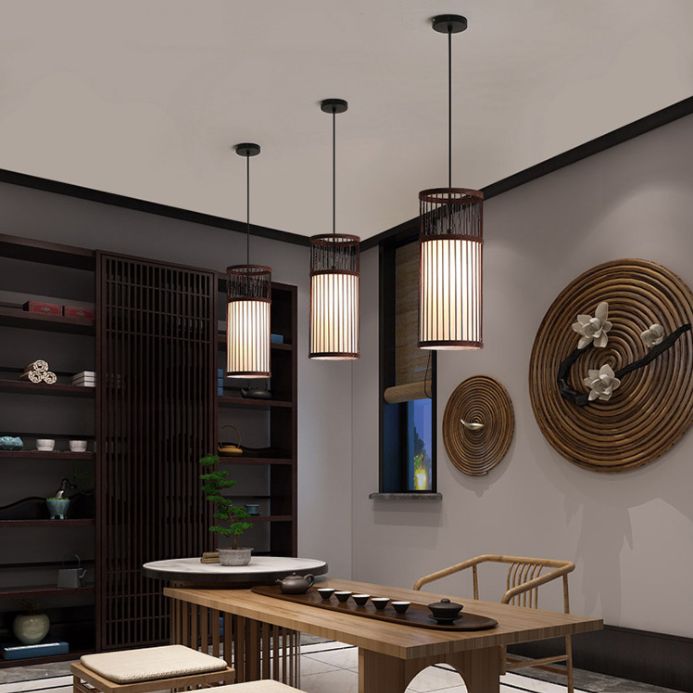 1-Light Bamboo Suspended Lighting Fixture Japanese Pendant Light Kit for Living Room
