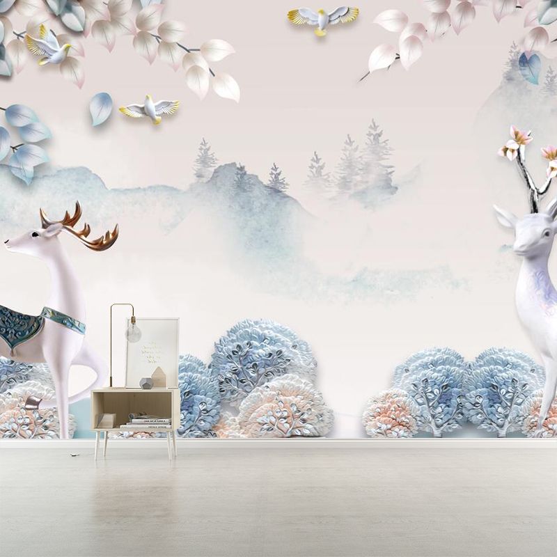 Misty Landscape Deers Wall Mural Decal Nordic Non-Woven Fabric Wall Art in Yellow-Blue