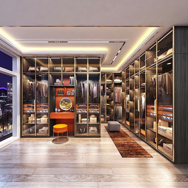 Black Wood Wardrobe with Glass Doors Modern Interior Storage Cabinet