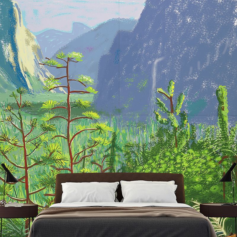 Art Deco Mountain Landscape Mural for Living Room Custom Wall Covering in Blue-Green