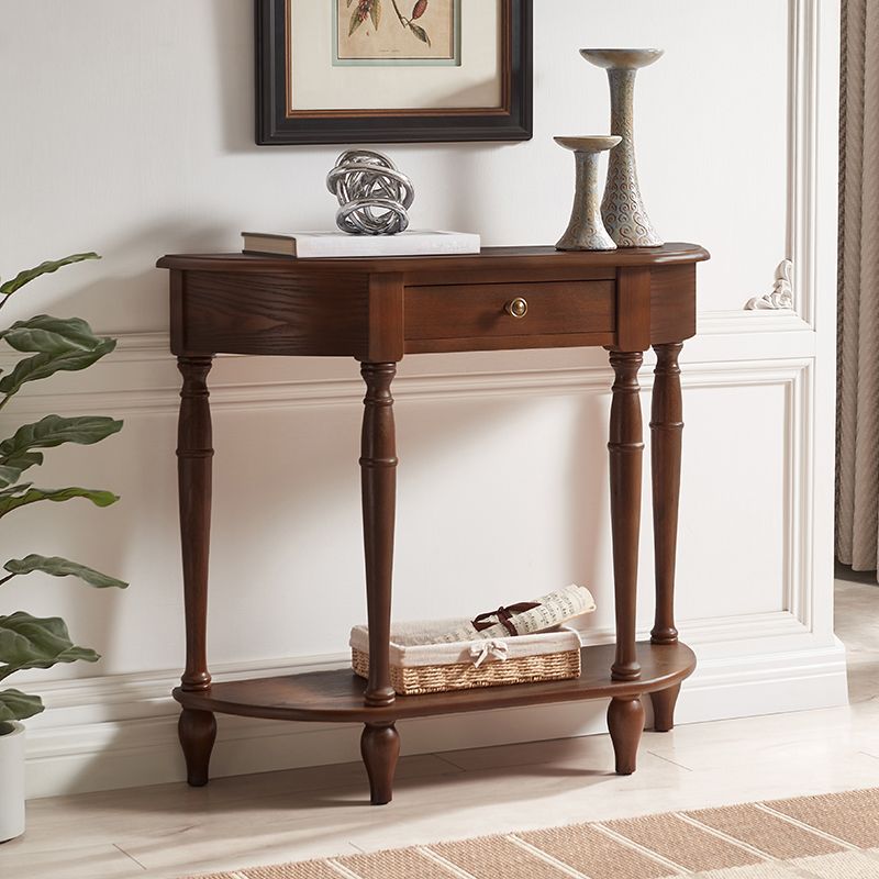 Mid-Century Modern 4 Legs Wood Half Moon Console Table in Brown