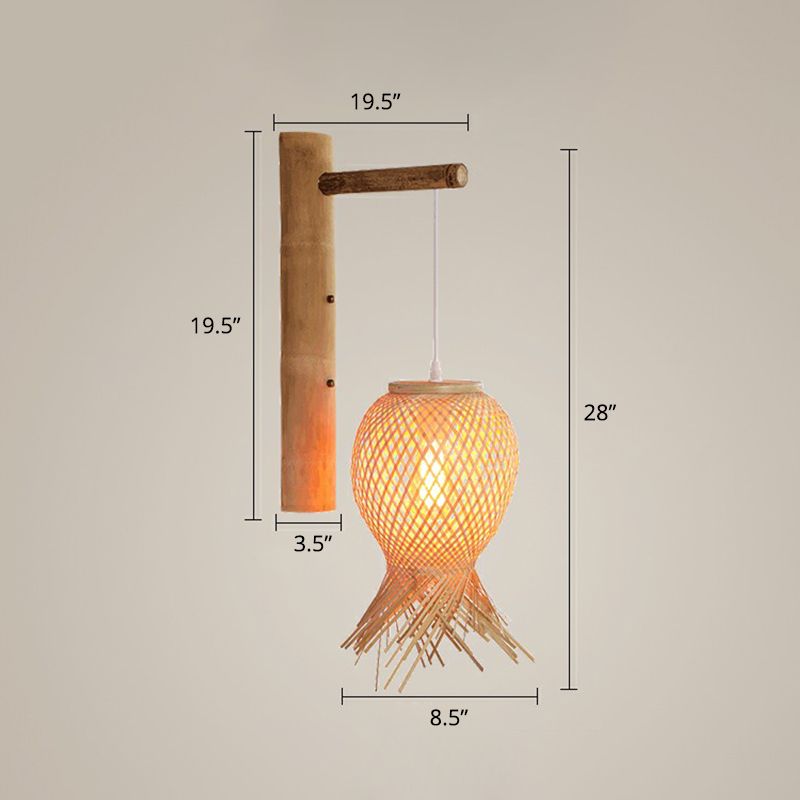 Octopus Shaped Bedside Wall Lamp Bamboo 1 Bulb Japanese Wall Light Fixture in Wood