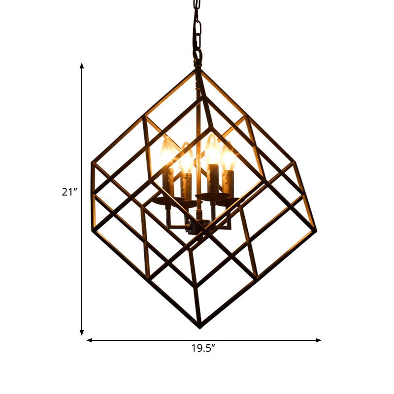 Metal Wire Square Chandelier Light Industrial 4 luces Black Hanging Techo Light para restaurante