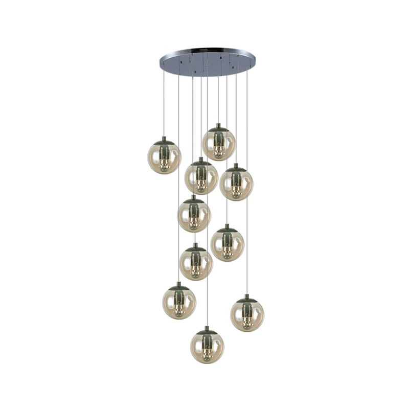Simplicity Globe Cluster Pendant Cognac Glass 10-Light Stairs Hanging Ceiling Light