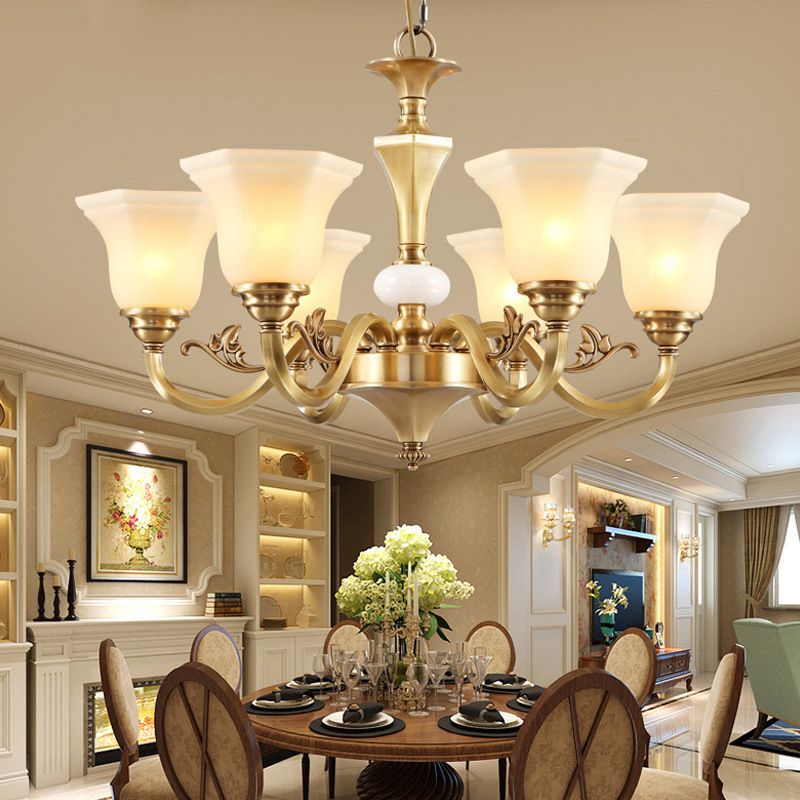 Bell-Shaped Shade Chandelier Light Fixture Traditional White Glass Pendant Lighting for Restaurant
