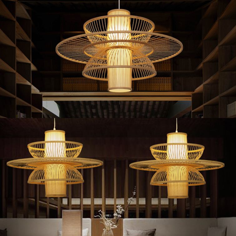 Lotus-Shaped Pendant Lamp Asian Style Bamboo 16"/19.5" W 1 Light Black/Beige Hanging Lighting for Restaurant