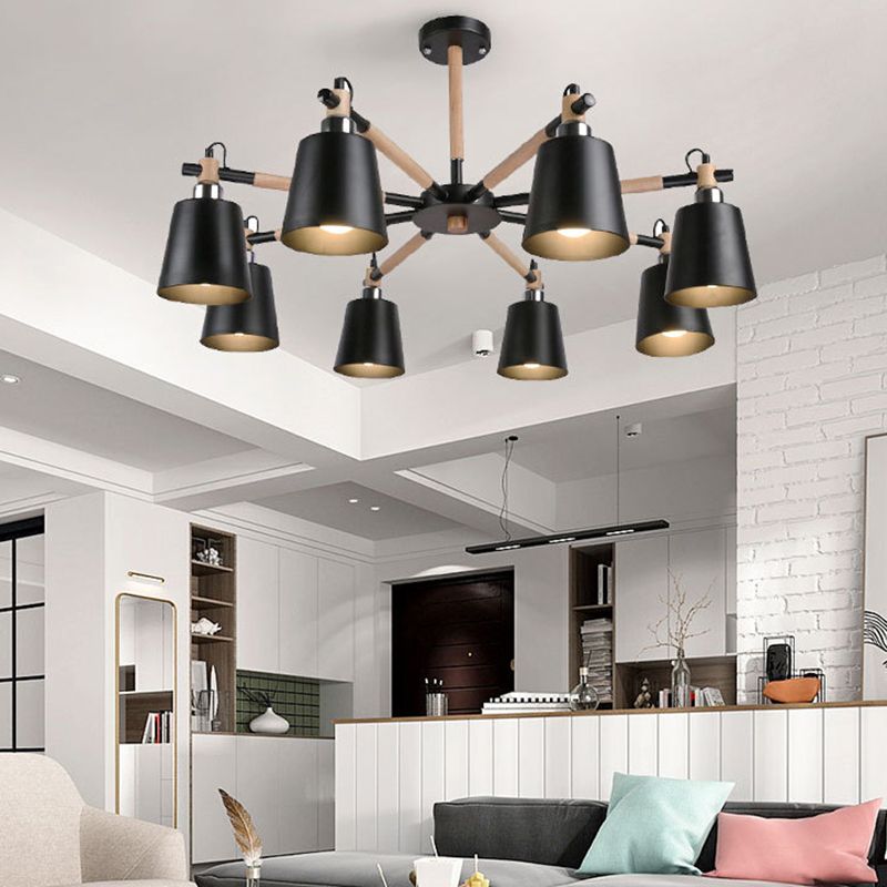 Cone Shade Metal Hanging Lamp Macaron Style Wood Chandelier for Living Room
