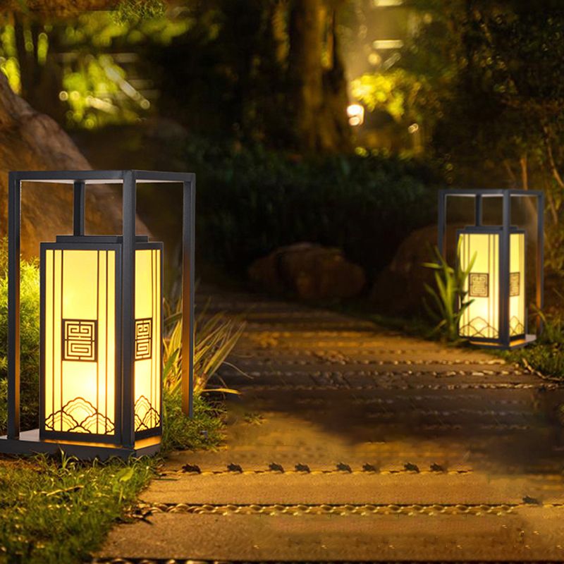 Contemporary Metal Pillar Lamp Rectangle Shape Outdoor Waterproof Light with Stone Shade