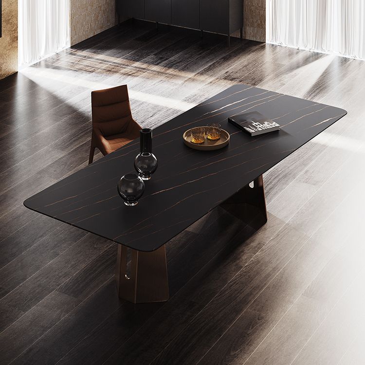 Minimalist Sintered Stone Dining Room Set with Rectangle Top and Metal Base Formal Table Set