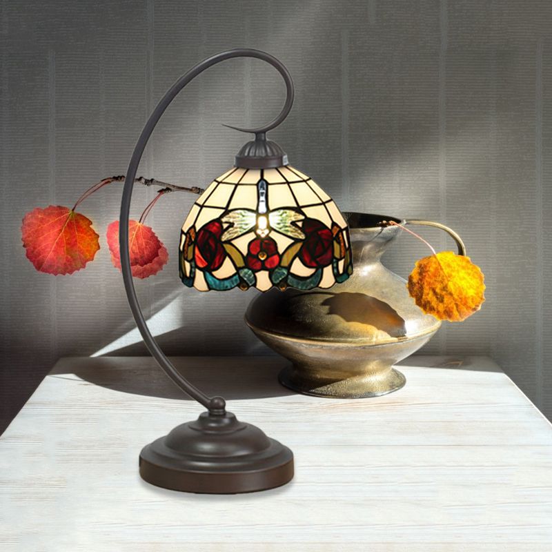 1 Bulb Dome Shaped Night Table Light Tiffany Dark Coffee Stained Glass Nightstand Lamp with Butterfly and Flower Pattern