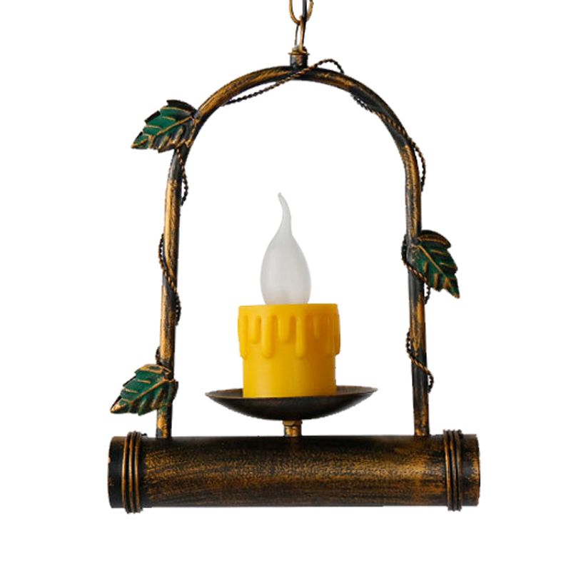 Rustic Candle Hanging Ceiling Light 1 Light Metal Pendant Lighting in Antique Brass with Arced Frame