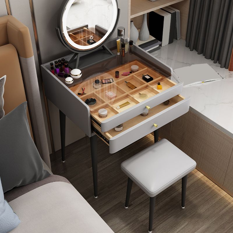 Modern Glass Top Makeup Vanity Table in Gray with Storage Drawers
