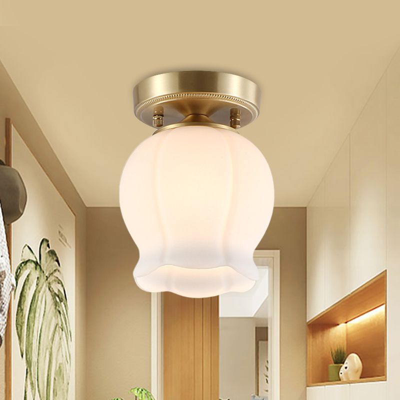 Antieke geribbelde knop semi -gemonteerde verlichting 1 lamp room glazen plafondlamp in messing