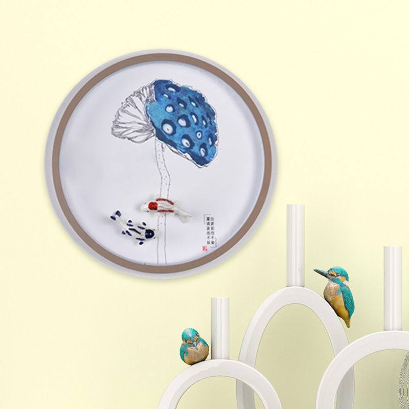 Watercolour Mountains/Fish Mural Lighting Chinese Style Iron Bedroom LED Wall Mount Light Fixture in White
