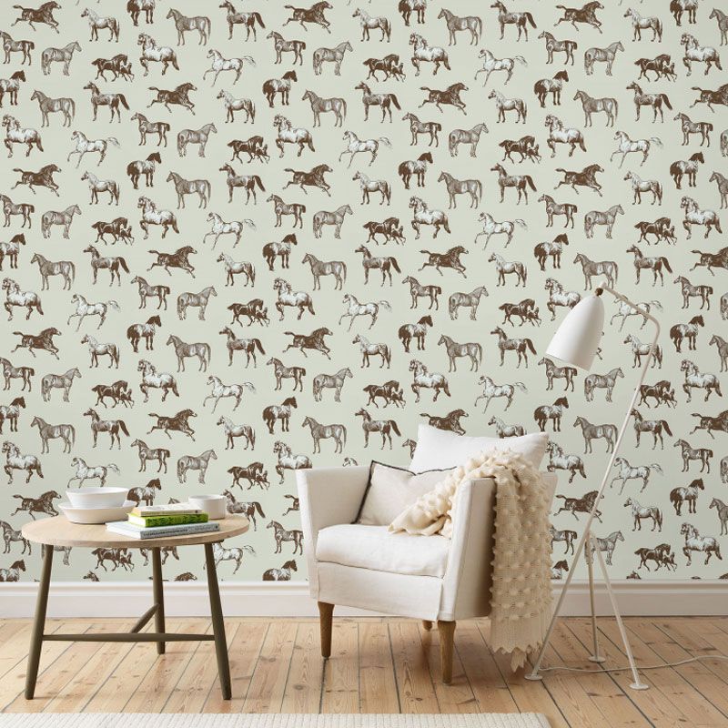 Full Size Minimalist Mural Wallpaper in Grey and Black Galloping Horses Wall Art for Coffee Shop