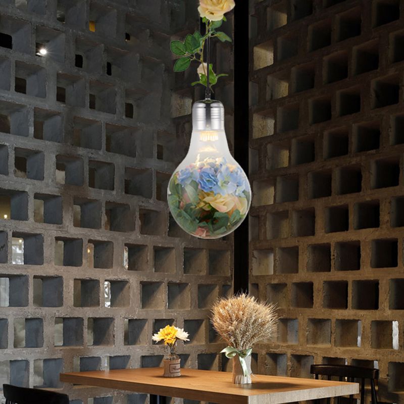 Bulb-Shaped Restaurant Suspension Pendant Antique Clear Glass 8.5"/12" W 1 Head Chrome Flower Drop Lamp