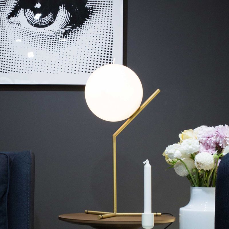 Opaline Glass Ball Night Lamp Nordic 1-Light Gold Table Light with Metal Rod Stand