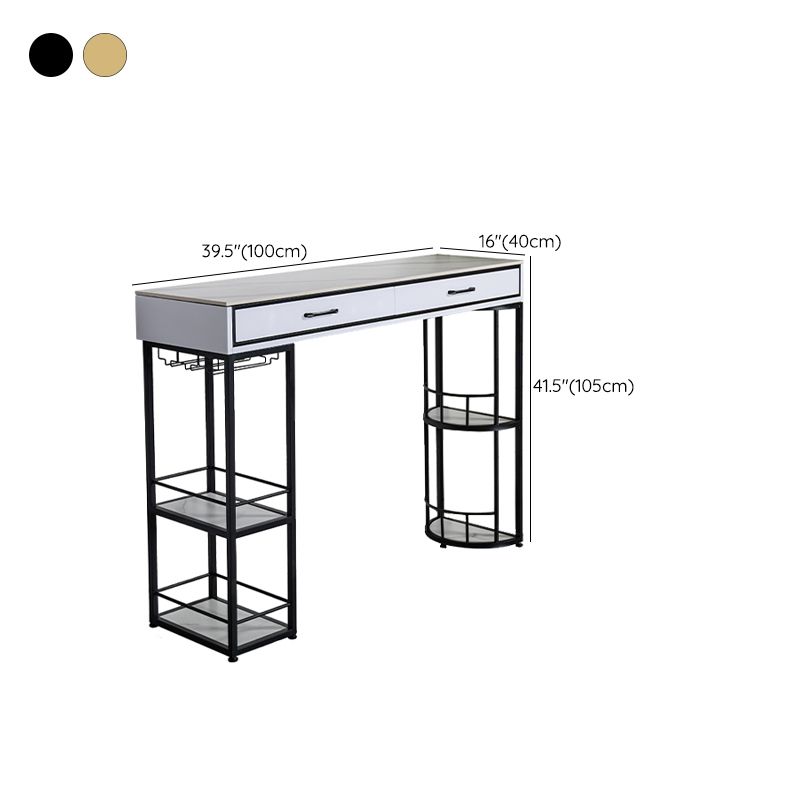 Stone Rectangle Bar Table Metal Base with Drawers for Living Room