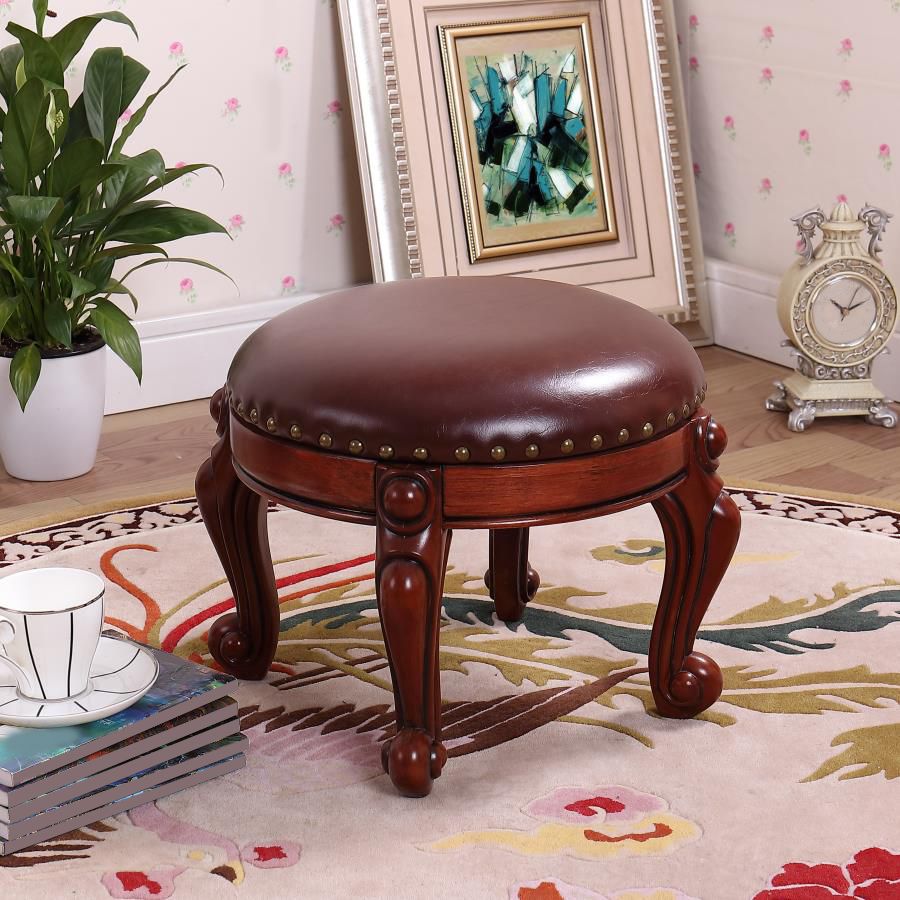 Mid-Century Modern Ottoman Genuine Leather Upholstered Nailhead Trim Round Ottoman