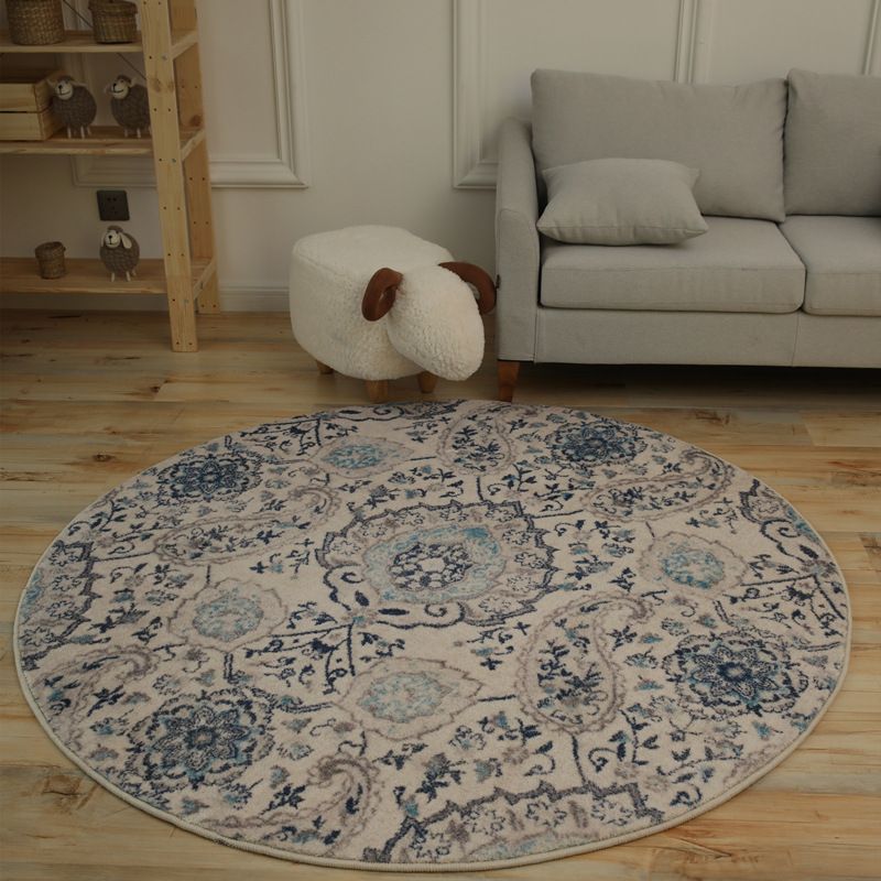 Whitewashed Classical Rug Floral Design Round Rug Polypropylene Washable Carpet for Living Room