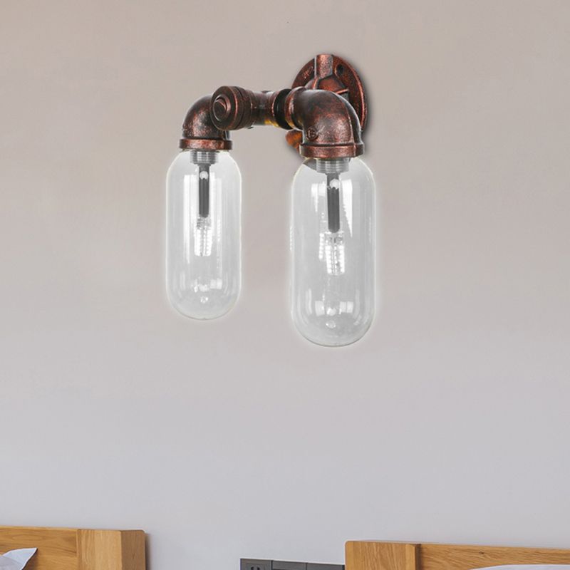 Weathered Copper 2-Light Sconce Light Industrial Clear Glass Oval Wall Lighting Fixture with Pipe Design