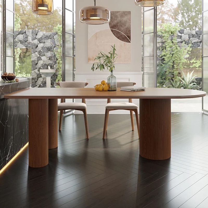 Modern Simple Solid Wood Table for Restaurant Oval Table with Three Pedestal