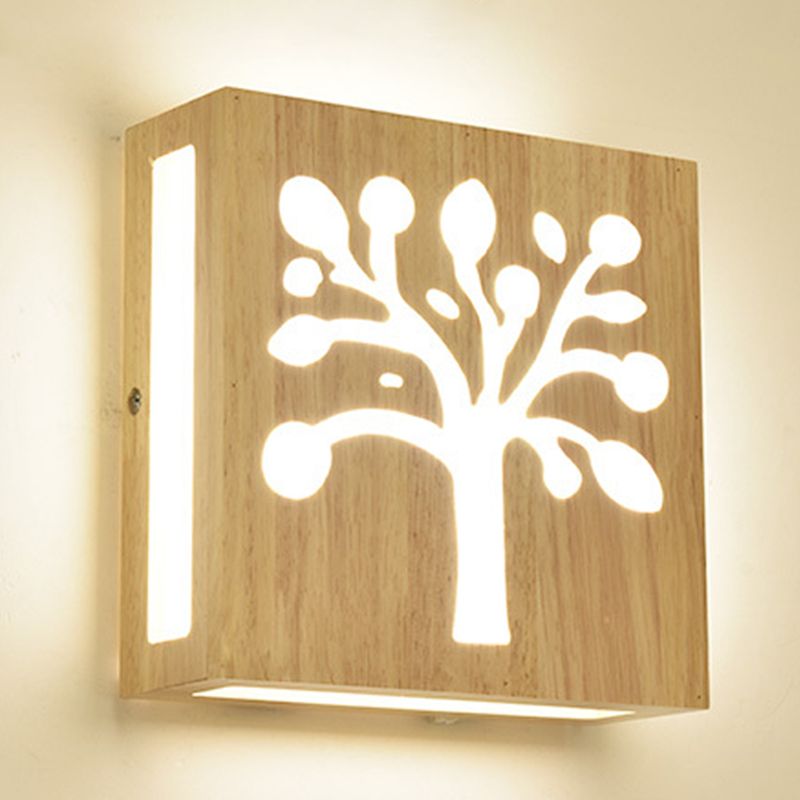 Wood Square Wall Light with Cute Pattern Modern LED Wall Sconce in Beige for Bedside