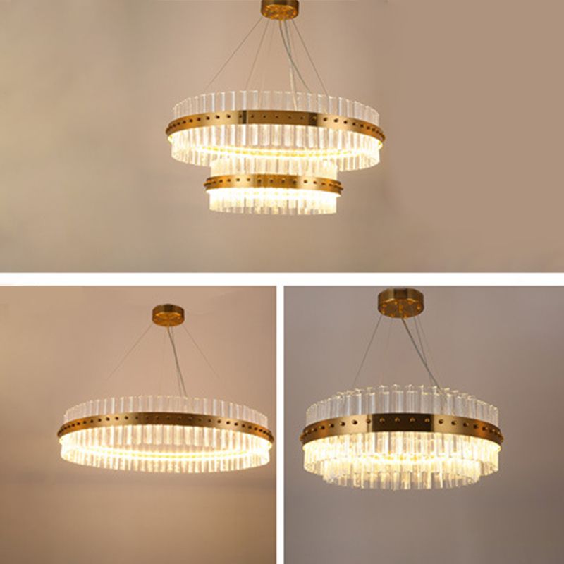 Gold Plated Round Chandelier Lamp Minimalist Crystal LED Hanging Light with Riveted Detail