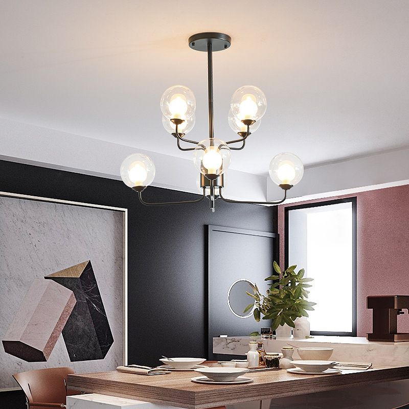 2-Tier Ball Clear Glass Chandelier with Radial Design Contemporary 8/12/18 Lights Black/Gold Hanging Light Fixture