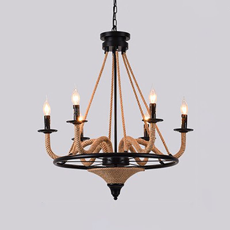 Lámpara de araña de araña negra industrial de araña de forma geométrica con cuerda natural