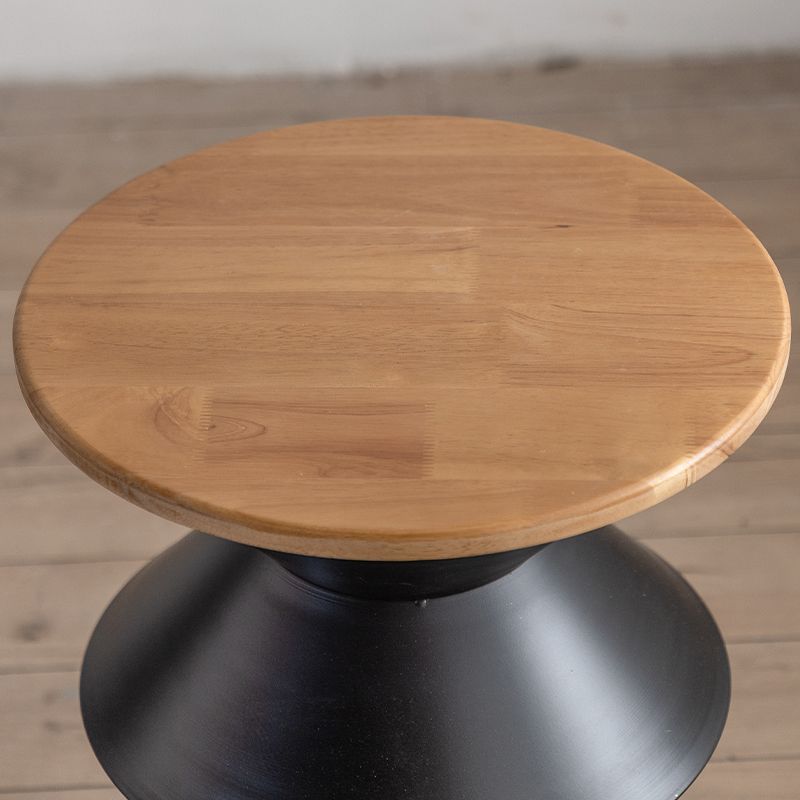 Round Solid Wood Top Coffee Table Iron Pedestal Cocktail Table