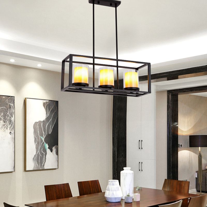 Cylinder Dining Room Pendant Light Vintage Glass 3/5/6 Lights Island Lighting with Black Frame