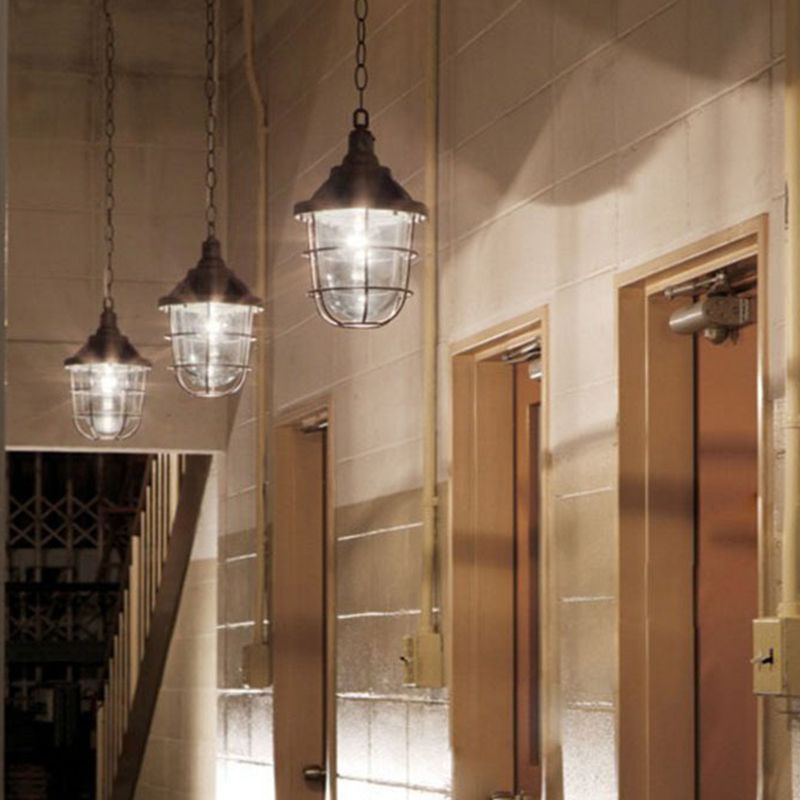 Caged Clear Glass Small Pendant Factory Style 1 Bulb Hanging Light for Restaurant