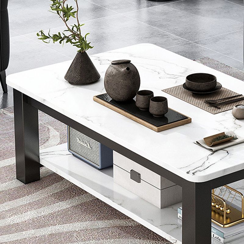 Rectangular Glass 4 Legs Coffee Cocktail Table with Storage Shelf