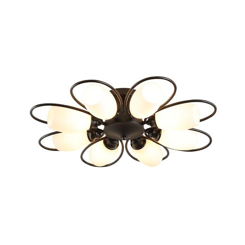 3/6/8 luces Semi Flush Mount Flower Flower Vidrio Blanco Luz de techo en negro para sala de estar