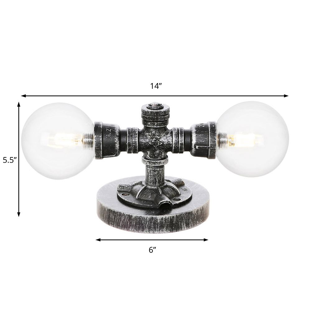 Lámpara de mesa industrial con pantalla redonda, 2 luces, luz de escritorio de vidrio transparente/ámbar en plata antigua con base