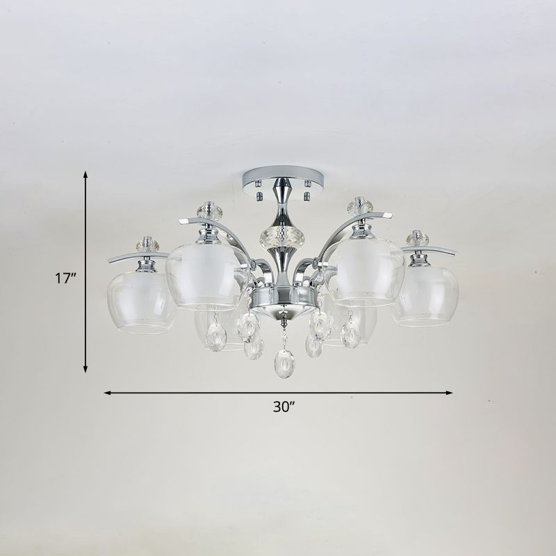 Clear Glass Sputnik Semi Flush Modernist 6 Heads Living Room Flushmount in Chrome with Crystal