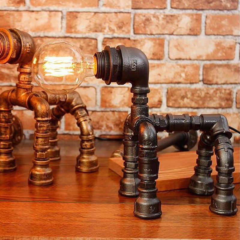 1 Bulb Water Pipe Table Lighting with Dog Design Steampunk Black/Bronze Metallic Table Lamp for Children Bedroom