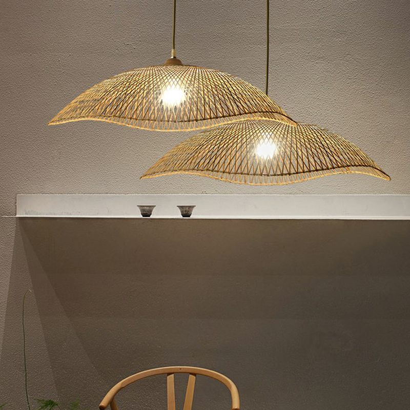 Wellenkante-Suspensionsbeleuchtung asiatischer Bambus 1-Bulb Schlafzimmer Anhänger Licht in Beige