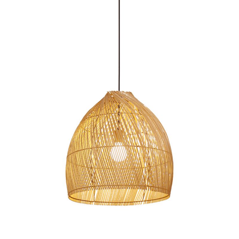 1 cabeza de comedor lámpara de techo Asia beige luz colgante colgante con canasta sombra de bambú