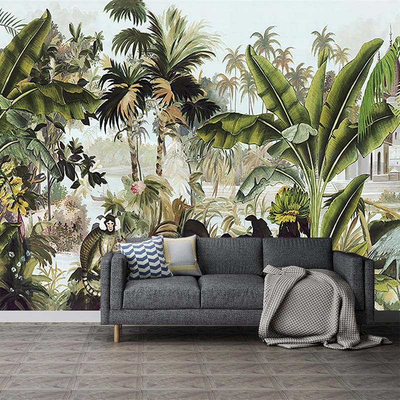 Tropical Plant Manor Wall Mural Green Stain Resistant Wall Covering for Living Room
