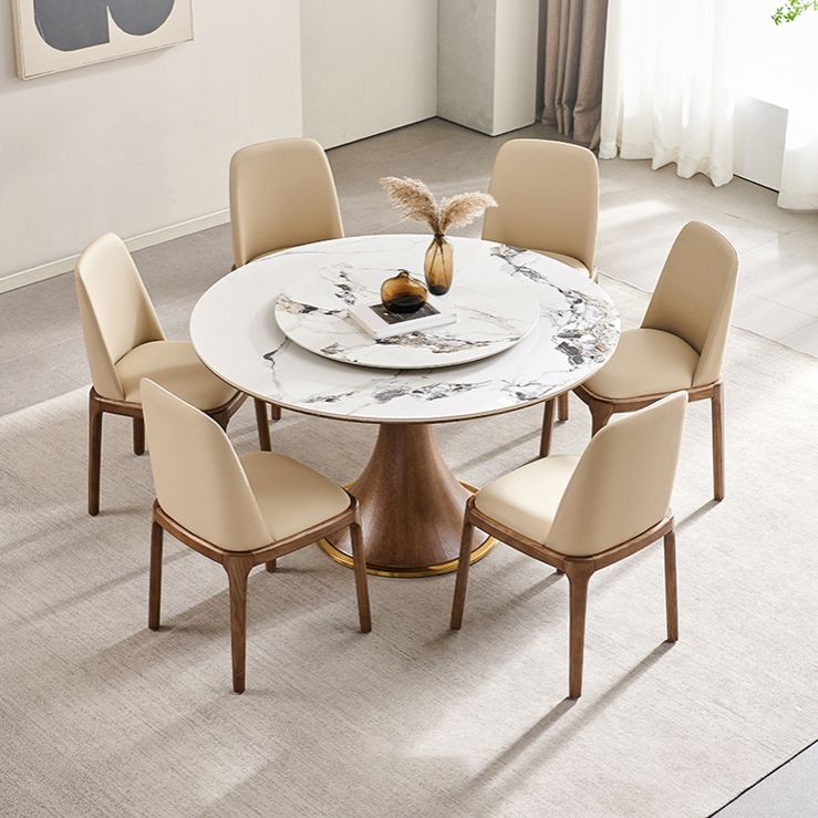 Modern Rotatable Round Table Set 1/4/5/7 Pieces Sintered Stone Top Wooden Round Table Set