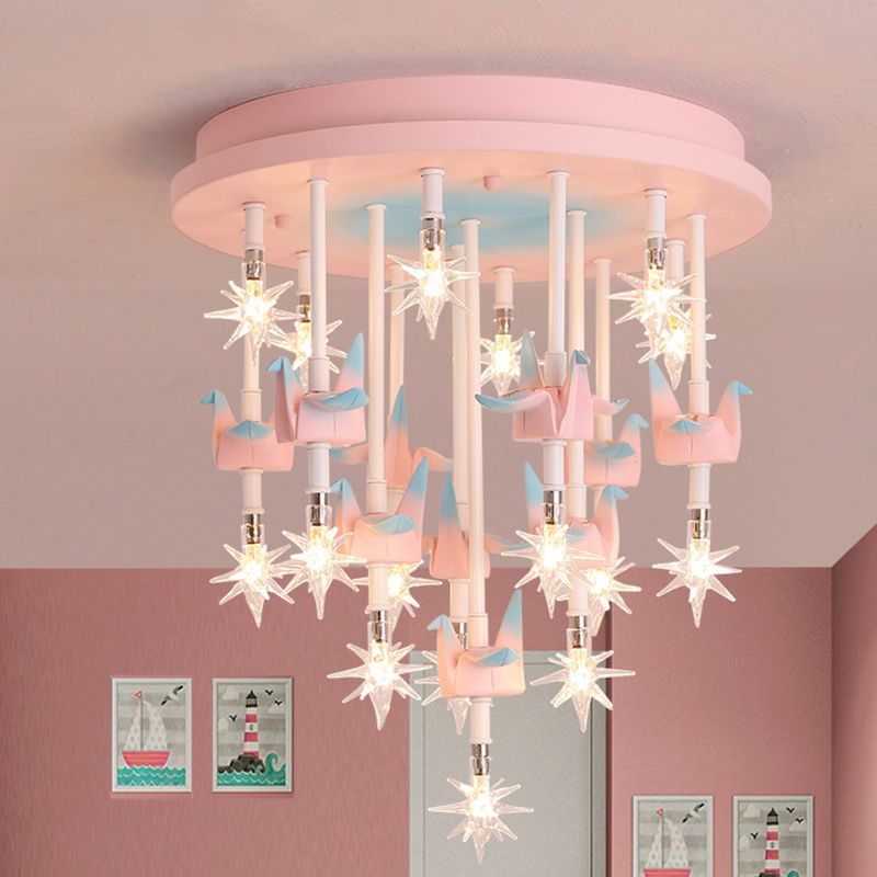 Resin Horse/Bird/Crane Ceiling Light Fixture Kids 13/16 Lights Blue/Pink Flush Mount Lighting with Clear Glass Shade