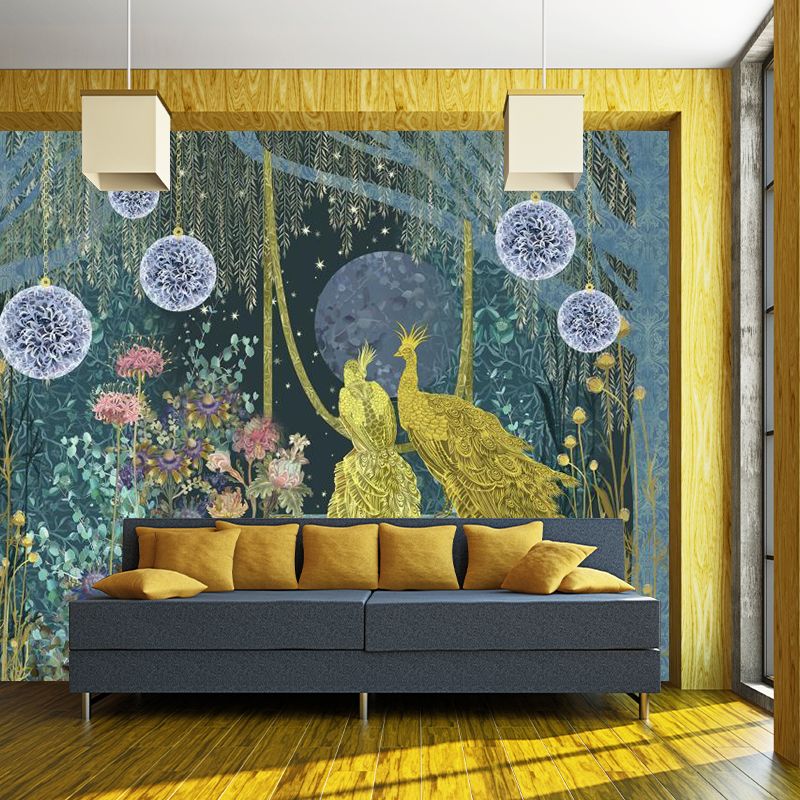 Modern Peacock in Forest Mural Decal for Accent Wall, Full Size Wall Decor in Yellow and Green