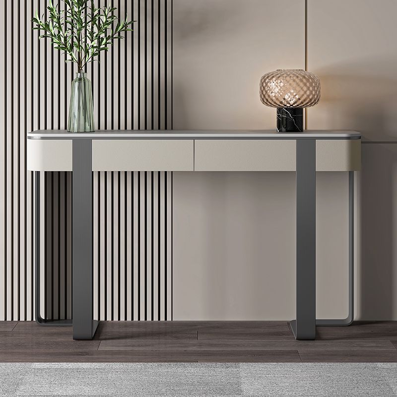 Modern Accent Table Stone Half Moon Console Table with 1 Shelf , 33.46" Tall
